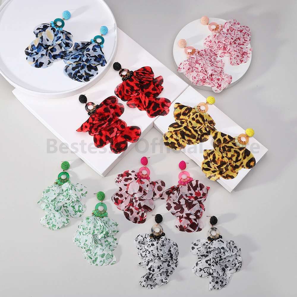 Boho Printed Fabric Flower Petal Decor Dangle Earrings For Women Elegant Handmade Bead Tassel Exaggerated Pendant Jewelry