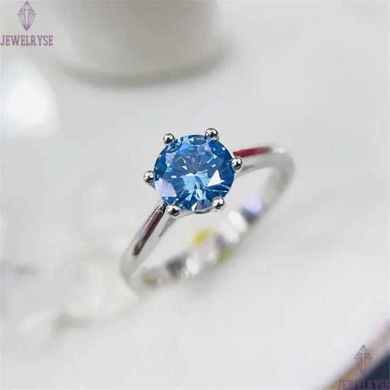 Classical Six Claw Fine Jewelry Real 925 Sterling Silver Round Cut Aquamarine Solitaire CZ Diamond Eternity Women Wedding Engagement Band Ring For Lov