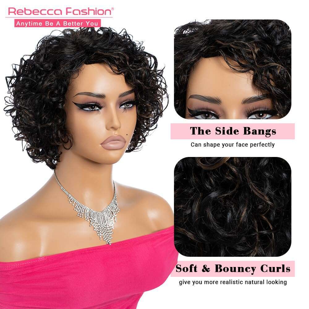 Rebecca Fashion Short Human Hair for Women Cute Curly Bob Wig Side Part Non Lace Glueless Wigs Brazilian Remy Natural Looking Highlight Black Mix Ligh