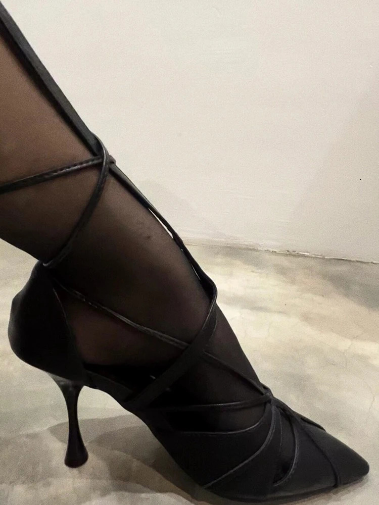 Black Air Mesh Knee High Boots Stiletto Thin High Heel Fashion 2025 Spring Summer Women Runway Dress Shoes Sexy Lace Up Shoes 250428