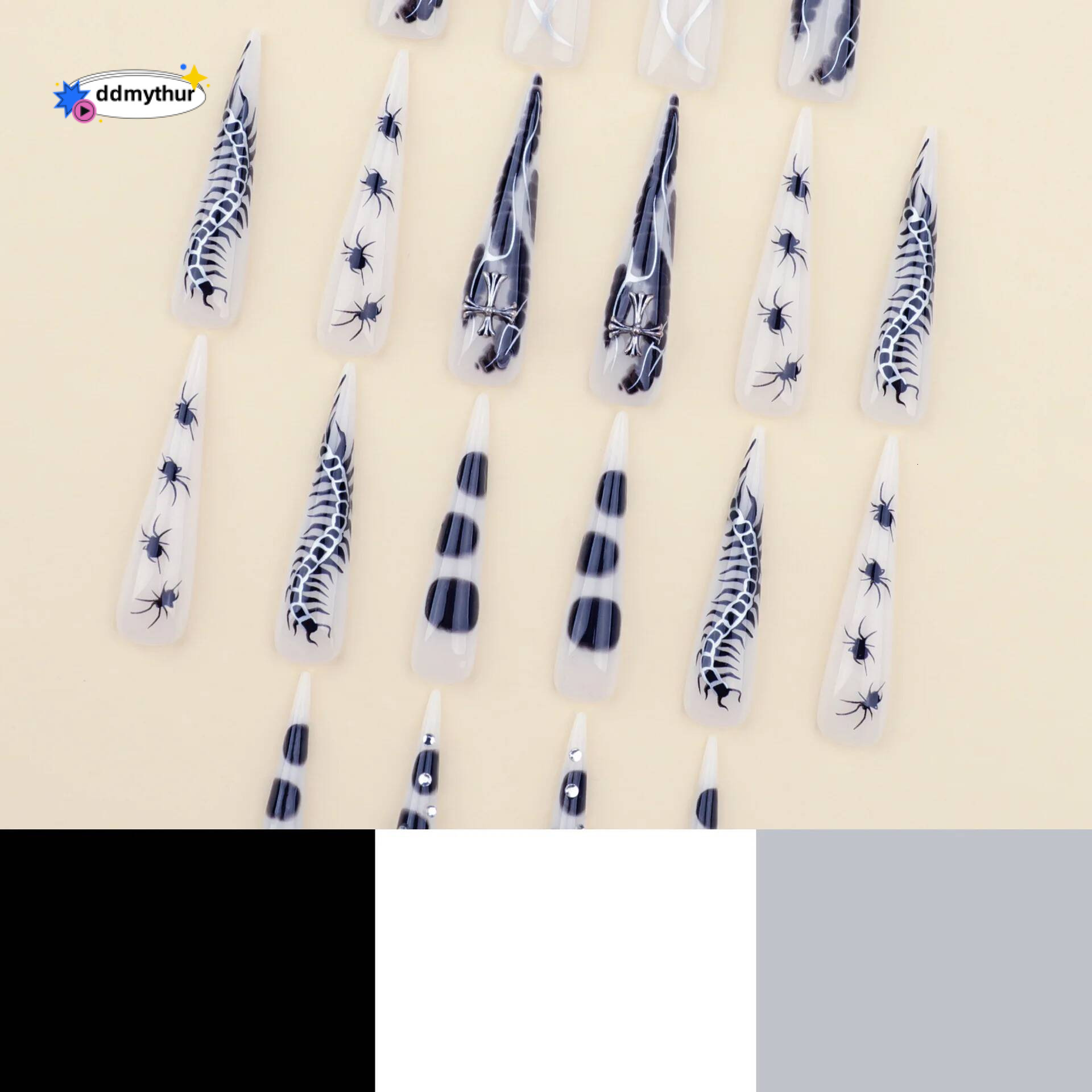 24pcs Spicy Girl Press on Y2k Sliver Flame Black Spider Long Pointed False Nails European Crocodile Pattern Fake Nail Tips ddmythur