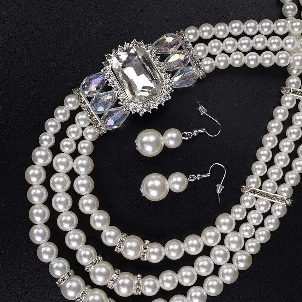 Bridal Jewelry Set Trendy Fashion 3-Layer Imitation Pearl Crystal Rhinestone Necklace And Earrings Women's Party Accessories