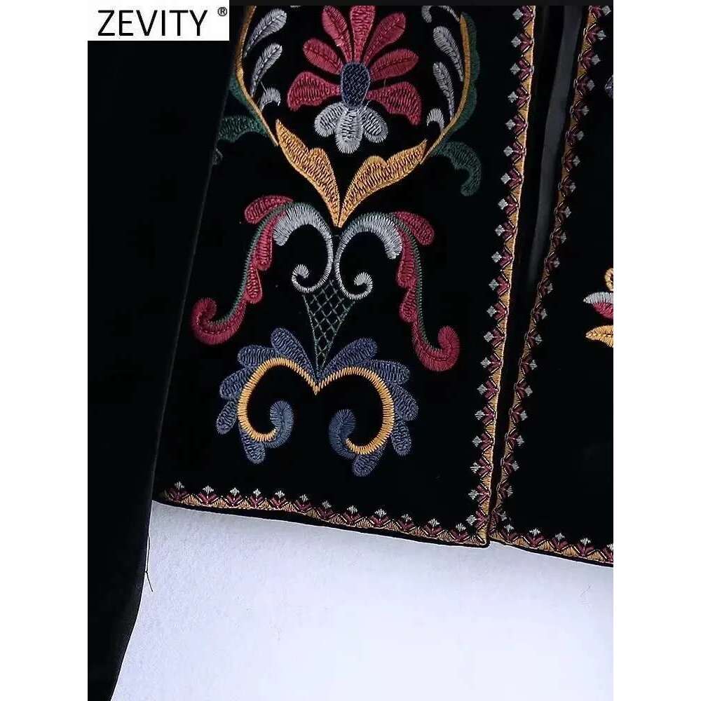 Zevity Women Vintage Flower Embroidery National Style Short Coat Ladies Retro Open ing Casual Veet Jacket Tops CT100