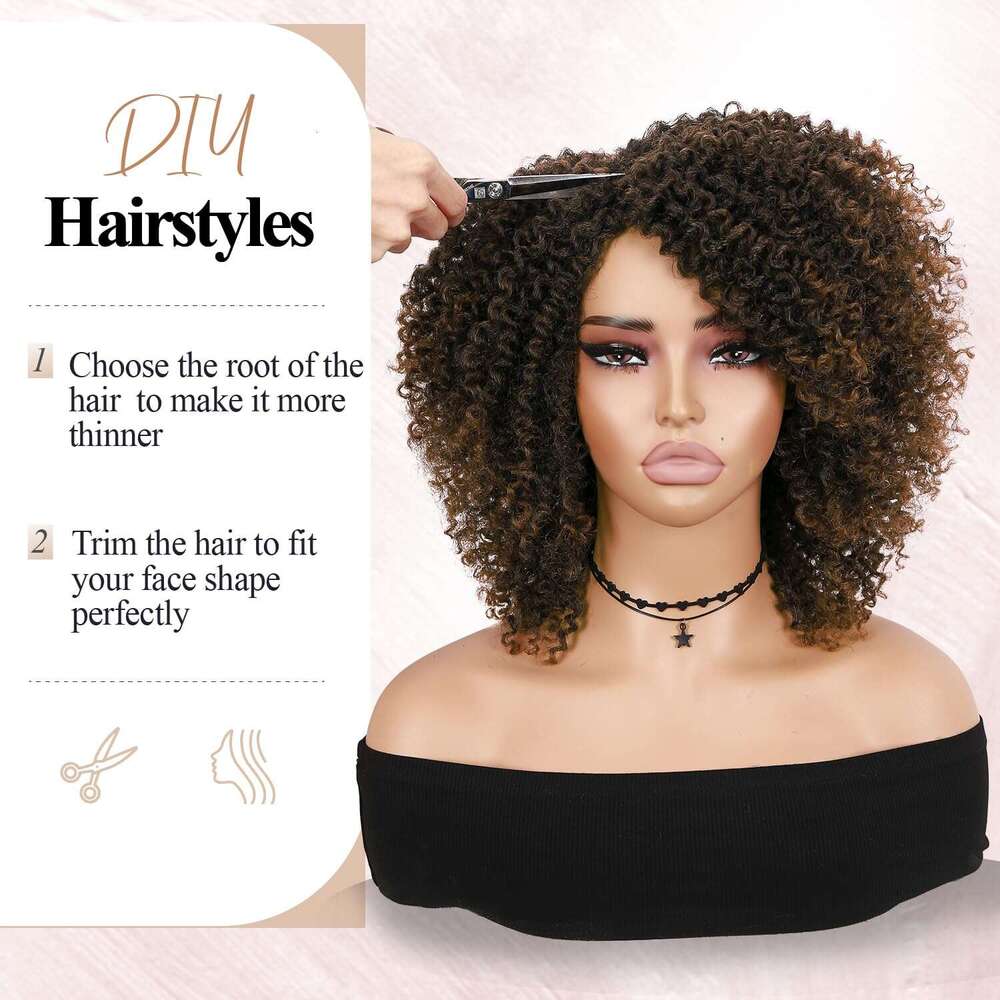 Hanne Fashion Short Kinky Ombre Brown Side Part Afro Curly Wig Twist Out Wigs Heat Resistant Fiber Synthetic Full Hair for Black Women (1B 30)