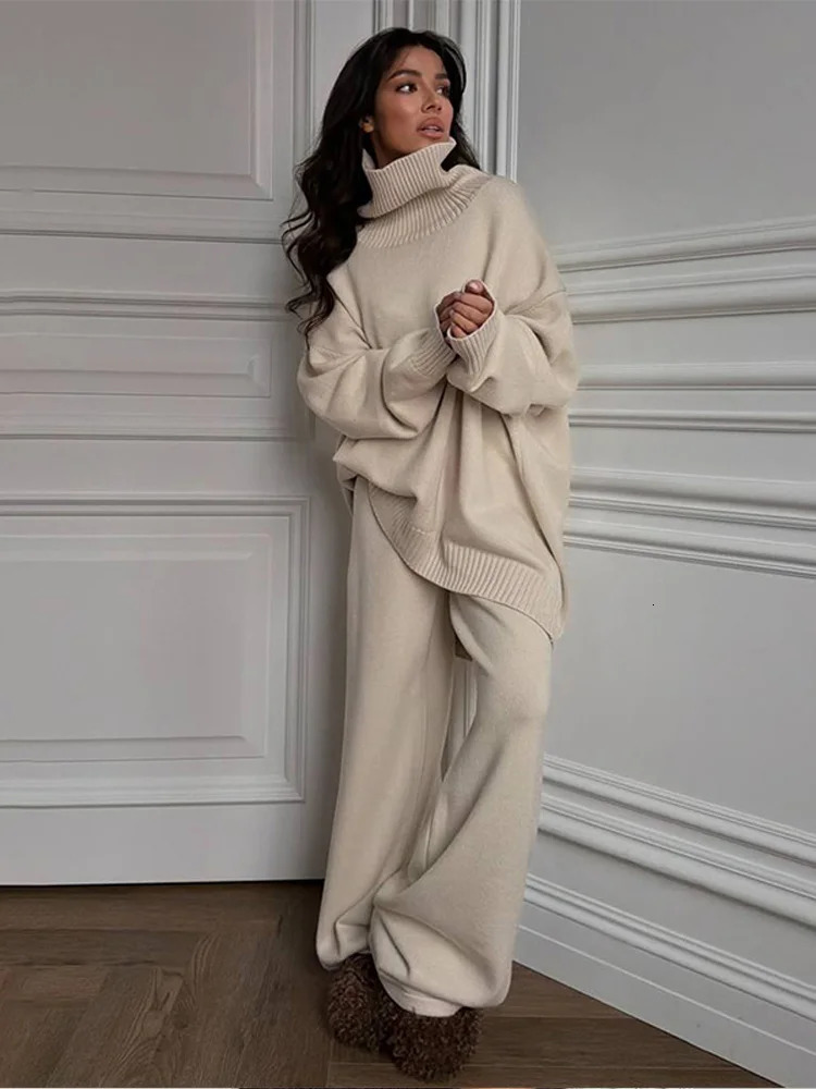 Women Oversize Slouchy Knit Co-ord Set Turtleneck Asymmetric Sweater Wide-Leg Pants 2025 Autumn Cozy Suit Daily Casual Lady Sets 251111