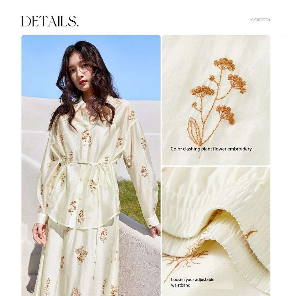 SENTUBILA Women Outfit Loose Embroidery Lace Up Shirt Elastic Waist Skirt Lyocell New Match Sets 2025 151Z58161