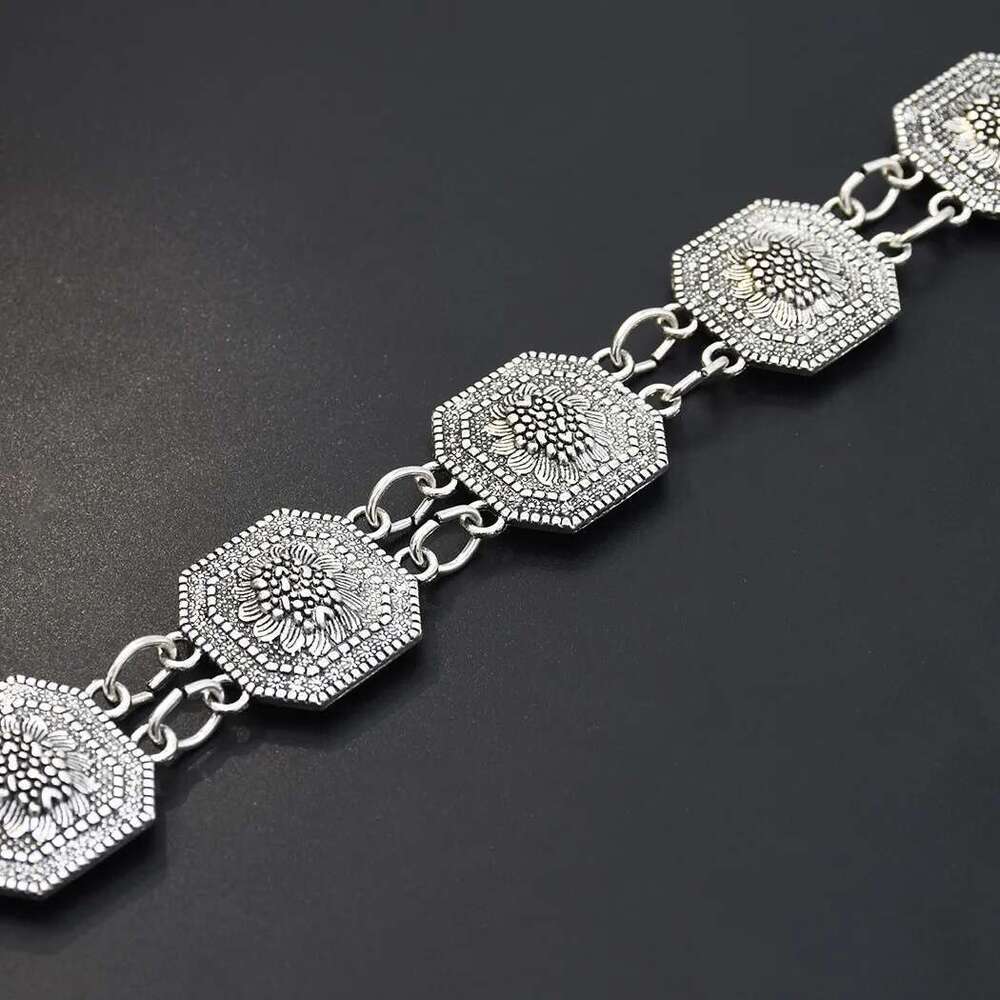 Bohemian Ethnic Style Retro Alloy Waist Square Carved Dance Chain Flower Bell Belly Summer Beach Accessories