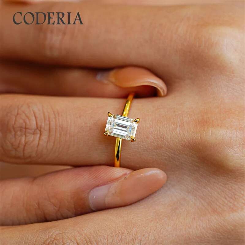Pass Diamond Test 1CT Emerald Moissanite Ring Plated 18K Gold Women Wedding Jewelry 925 Sterling Silver Finger Band