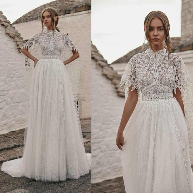 Summer Boho Wedding Dress High Neck Lace Appliques A Line Bridal Gowns Customized Beach Backless Bride Dresses