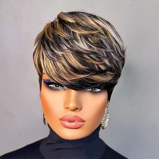 PangDongLai Cut for Black Women 1B/30/613 Trend Color Short Layered Pixie Wigs With Bangs Brazilian Straight Real Human Hair Glueless Full hine Made (