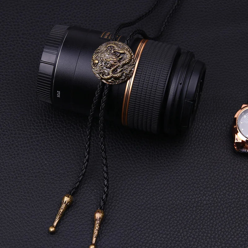 BOLO TIE Necklace Ethnic Style Men Women Bolo Tie Silver Chinese Dragon Necklace Leather Long Necklace Sweater Chain Pendant 250430