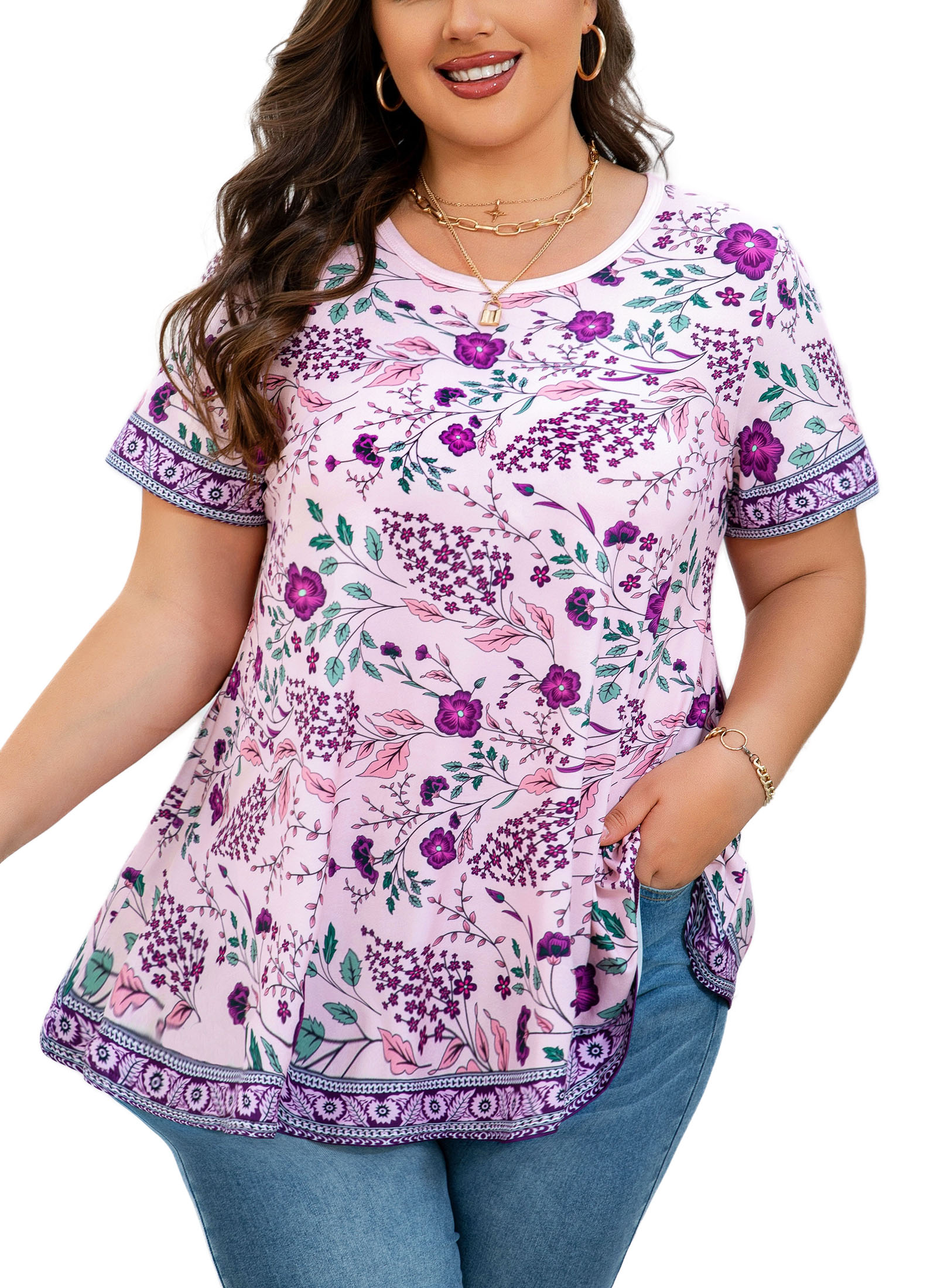 Tunic Tops for Women Plus Size Short Sleeve Crew Neck Swing Flare Loose T-Shirt Blouses to Wear with Leggings Purple Floral Tunic