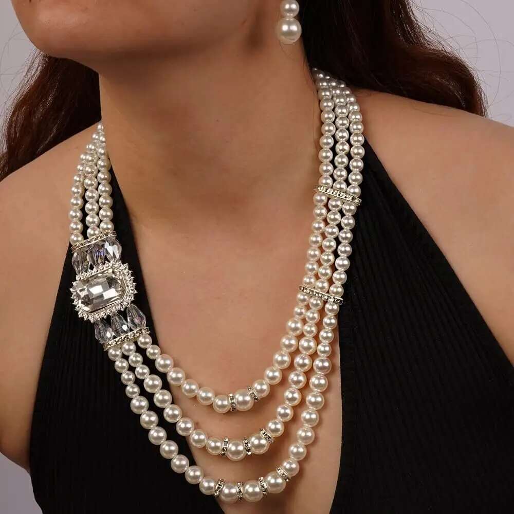 Bridal Jewelry Set Trendy Fashion 3-Layer Imitation Pearl Crystal Rhinestone Necklace And Earrings Women's Party Accessories