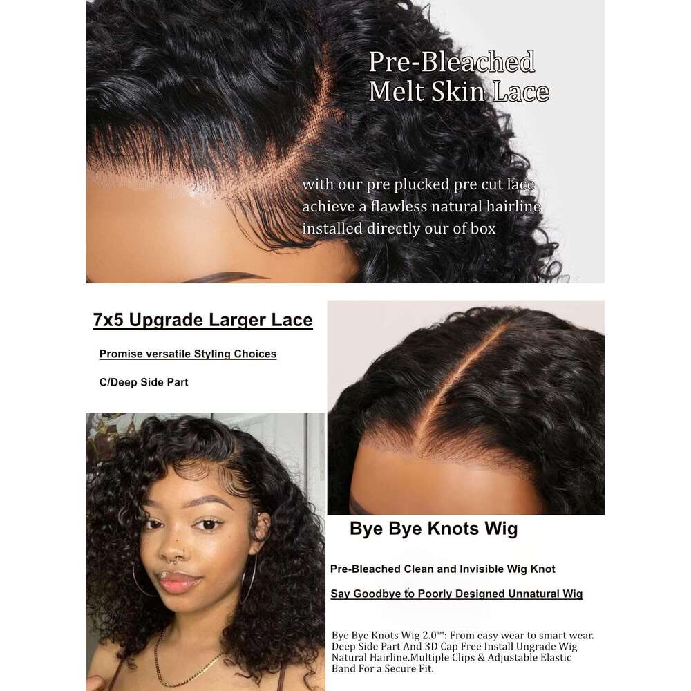 UNICE 10 inch Short Curly Beyond Basics Bob Human Hair Bye Knots Glueless Wigs Plucked Pre Cut 7x5 HD Lace Closure Ready to Go Wig Black Color