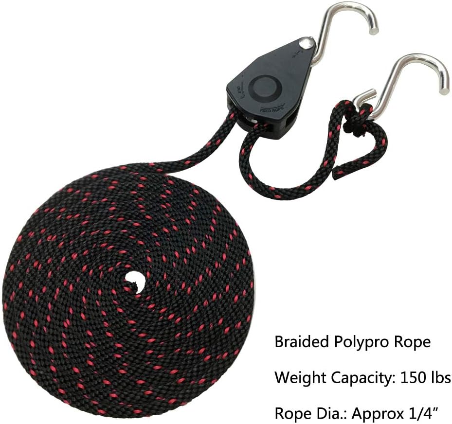 Rope Tie Downs, 1/4 in. X 10 ft. Heavy Duty Rope Lock Adjustable Ratchet Pulley for Kayak Canoe (2-Pack)