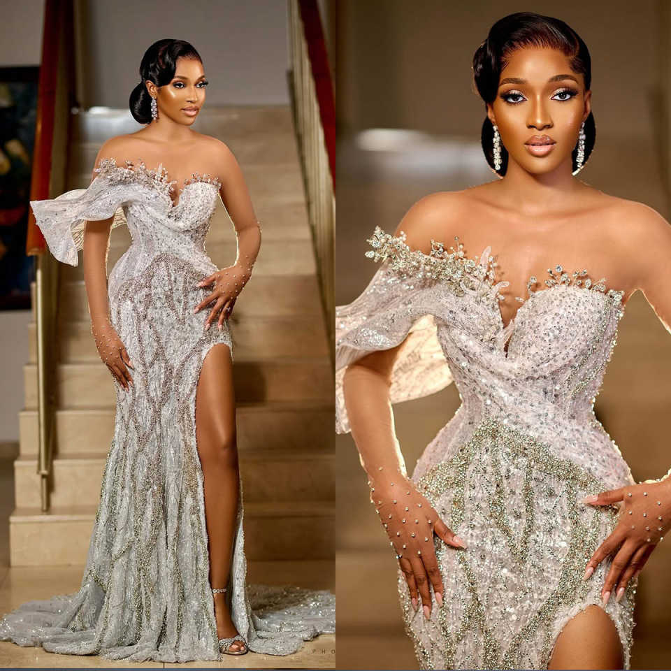 Sexy Strapless Mermaid Evening Dress Elegant Sequined Lace Beading Party Gown Customized Glitter High Side Slit Prom Dresses