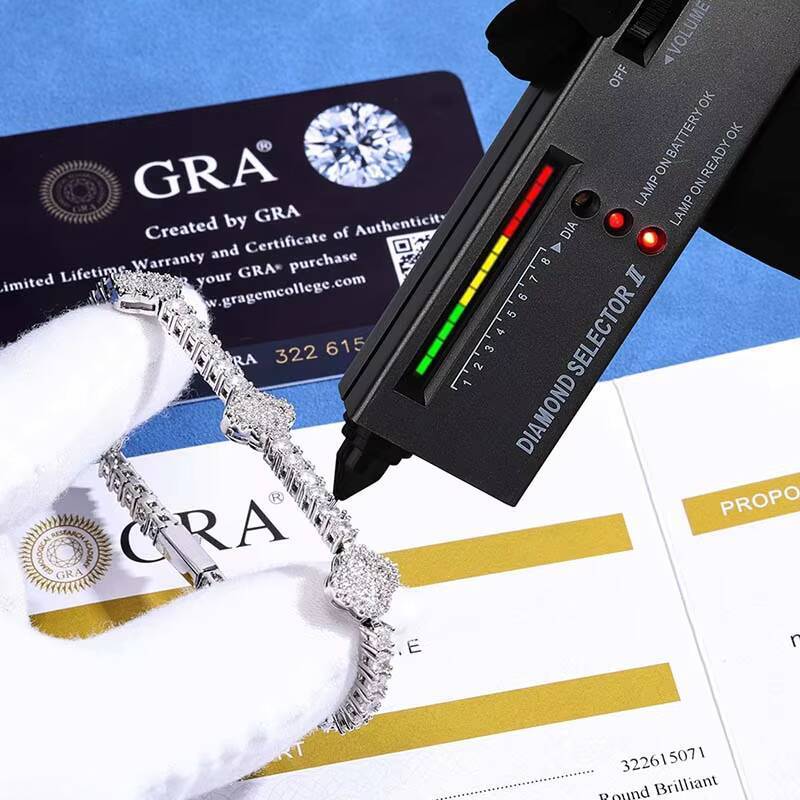 925 Silver Iced Out Tennis Chain VVS Tennis Chain Moissanite 925 SIlver Four Leaf Flower Chain with GRA Certificate