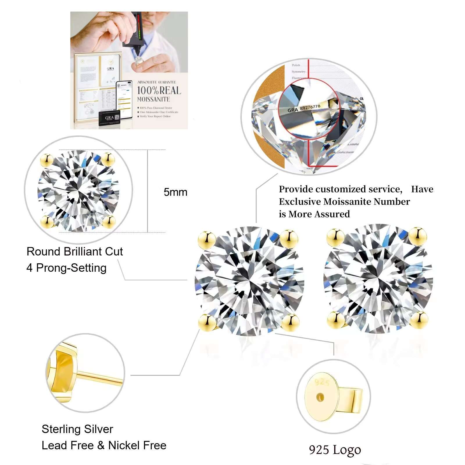 Factory Wholesale 925 Silver 5MM 6.5MM Vvs Diamond Moissanite Earrings Women Men Fine Stud Earring