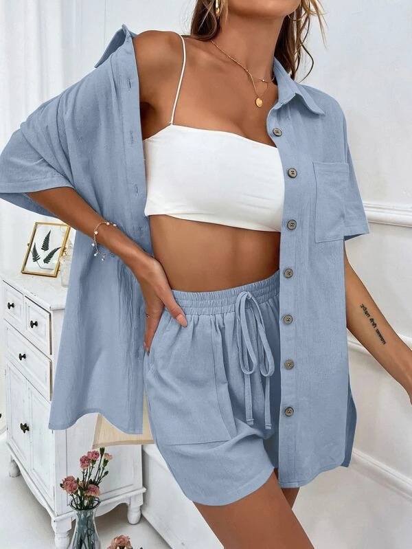 CNLONGBIDA Womens Tracksuits Women Cotton Linen Shorts 2 Piece Set Short Sleeve Single-Breasted Top Broad-Legged Suits Summer Female Outfits