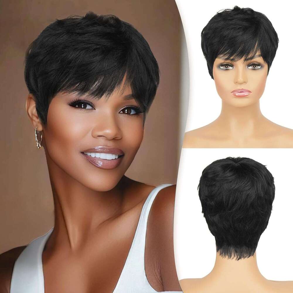 RUWISS Cut Human Hair Pixie with Bangs Natural Wig Layered Wavy Different Style Short Wigs for Black Women (1B#)