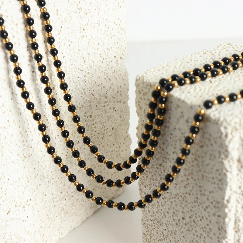 Black agate necklace womens round bead chain Gothic accessories Ot buckle gold-plated jewelry couple gift 250428
