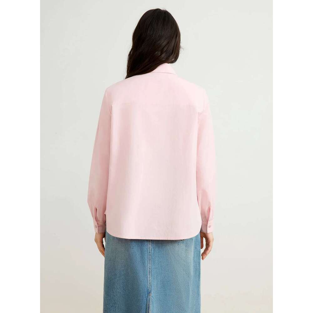DUSHU 100% Cotton Women Pink Blouse Tops Fake Two Design Polo Neck Long Sleeve Top 2025 Spring Casual Shirt 25Ds81122