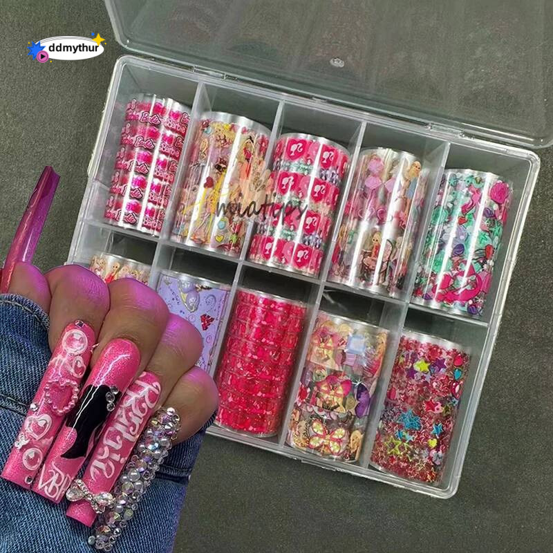 10Roll Pink Girl Foils for Transfer Paper Stickers Sliders Adhesive Nails Wraps DIY Kawaii Cartoon Nail Art Decorations ddmythur