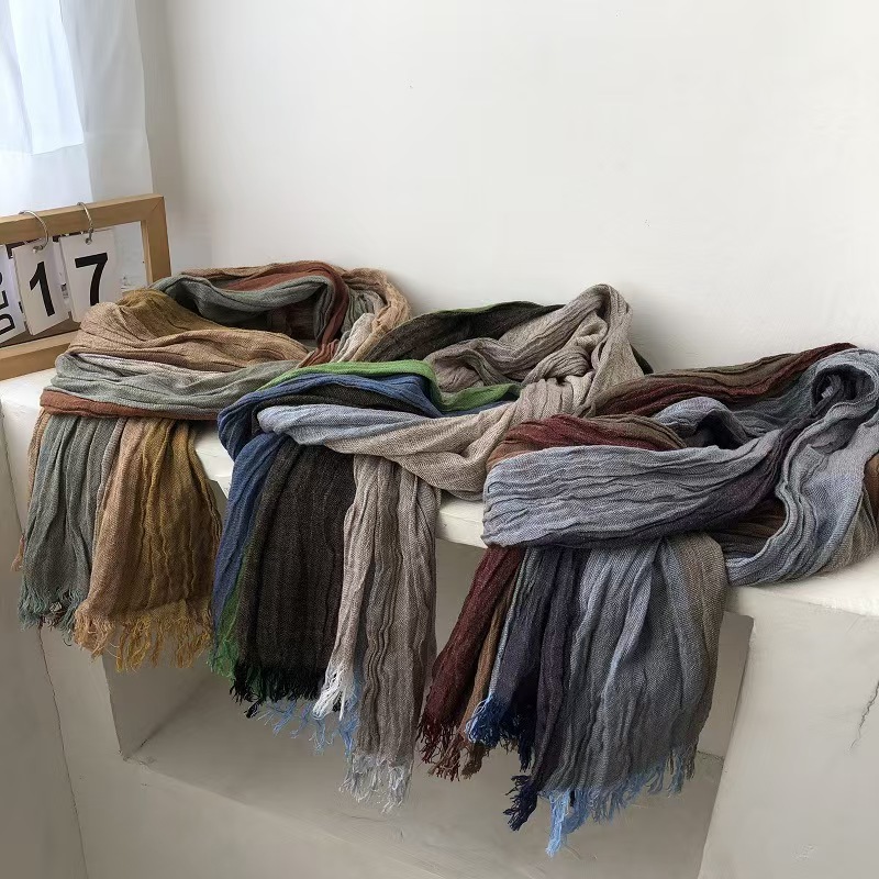 T599 literary retro striped color matching men's and women's cotton scarf spring and autumn pleated fashion soft neck protection warm long s