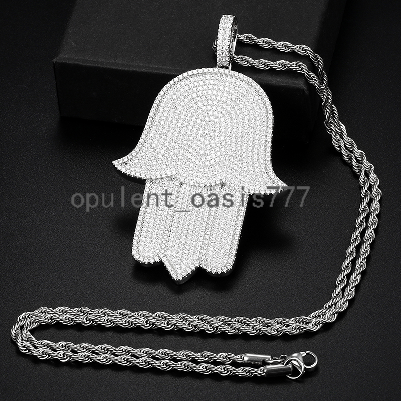 High Quality White Gold Hamasa Hand Pendant Bling Hip Hop Jewelry Full moissanite Diamond Stone Pendant for Men