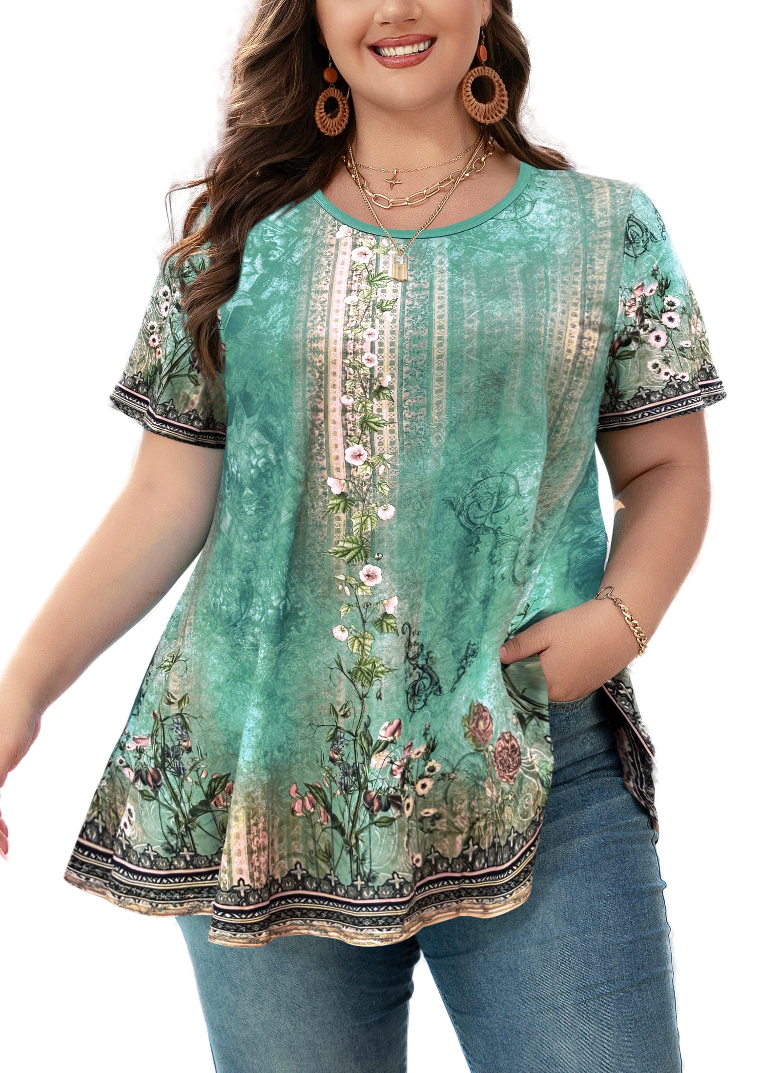 Tunic Tops for Women Plus Size Short Sleeve Crew Neck Swing Flare Loose T-Shirt Blouses to Wear with Leggings Green Floral Tunics Tops