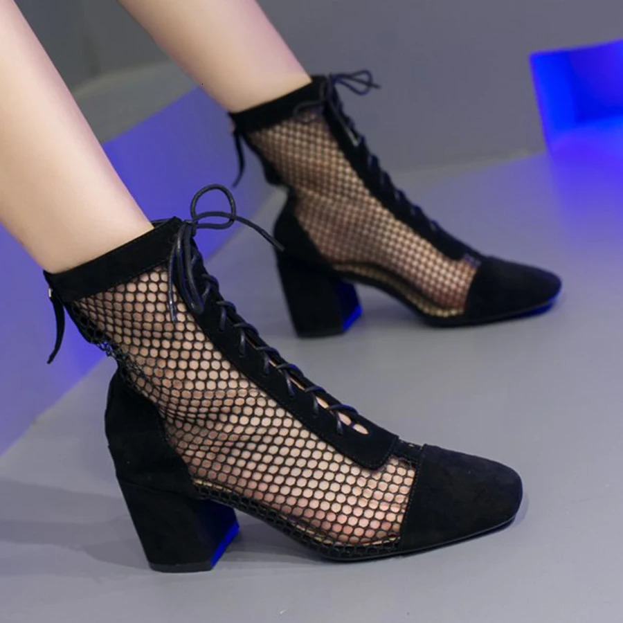 Summer Roman Lace Up Shoes Women Sandals Sexy Mesh Cut-Outs Pointed Toe High Heels Woman Black Kid Suede Ladies Long Short Boots 250428