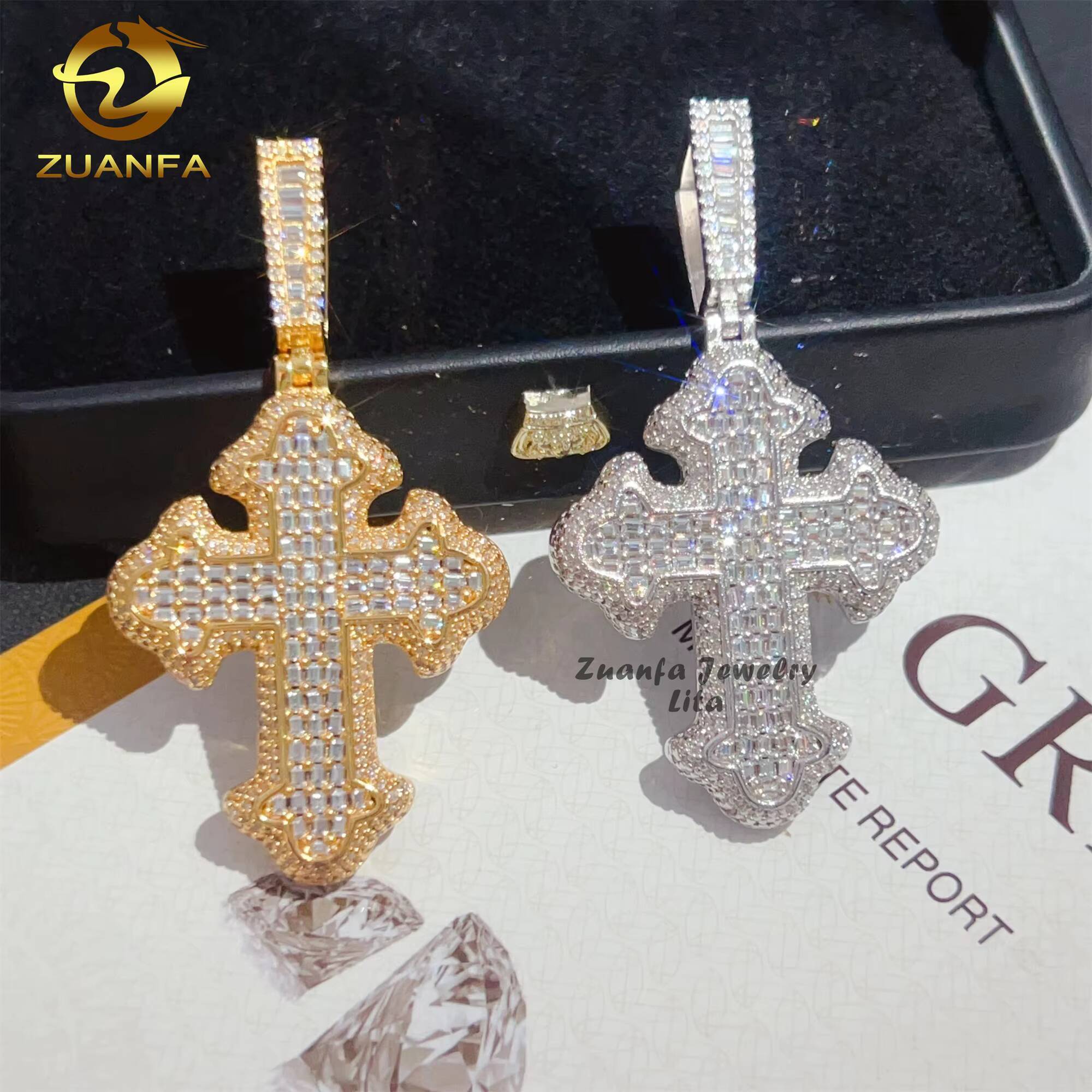 High Quality Bling Charm 925 Sterling Silver Baguette VVS Moissanite Diamond Cross Pendant for Necklace