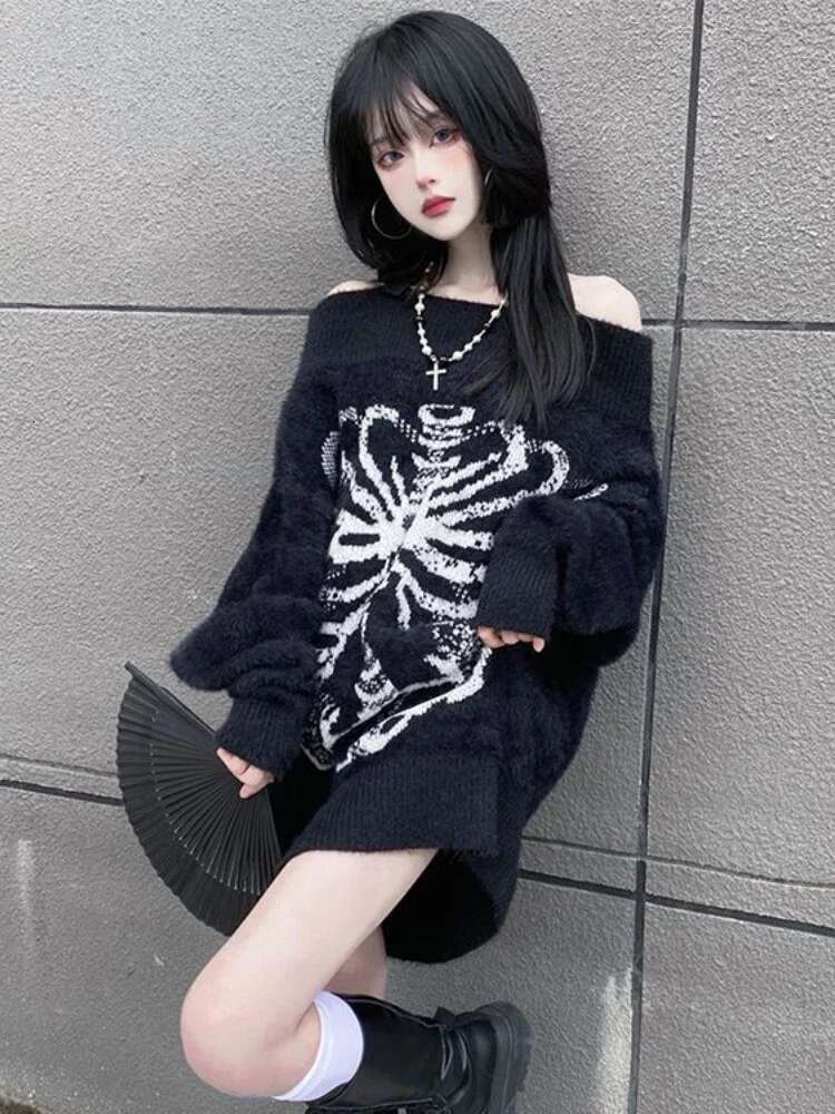 KOSAHIKI Grunge Sweater Fashion Streetwear Y2k Aesthetic Blackpullover Skull Print Gothc Women Jumper Haruku Loose Knitwear fashion clothing women