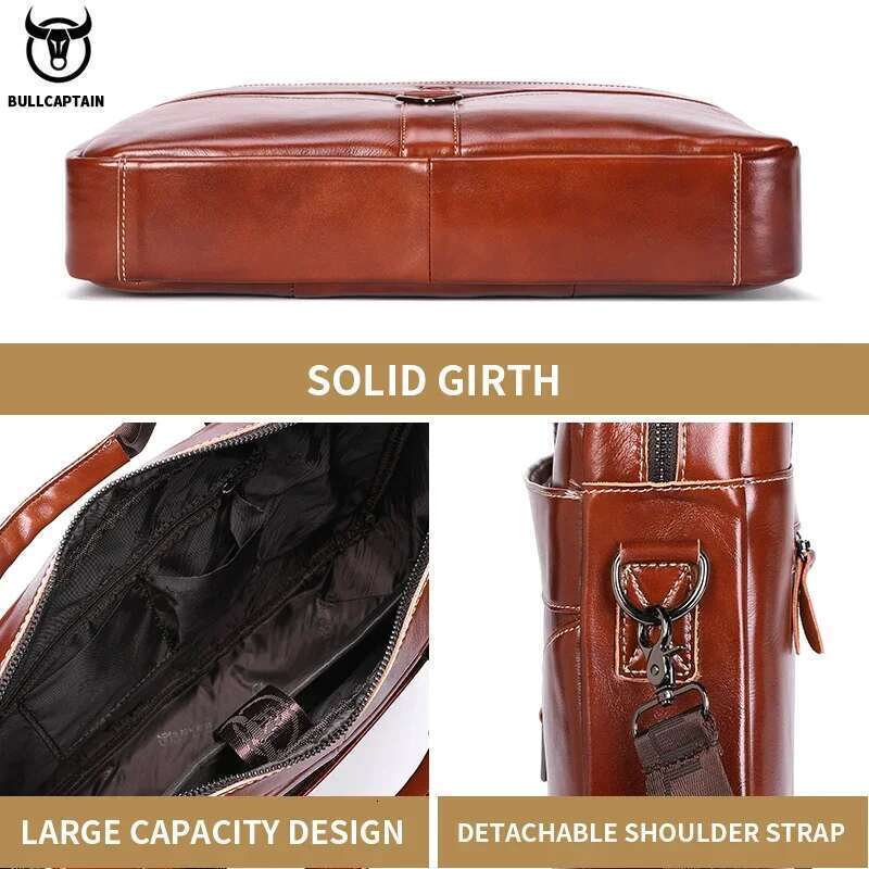 BULLCAPTAIN Genuine Leather Shoulder Bag 15 Inch Laptop Case Men's Briefcase Classic Office Business Handbag