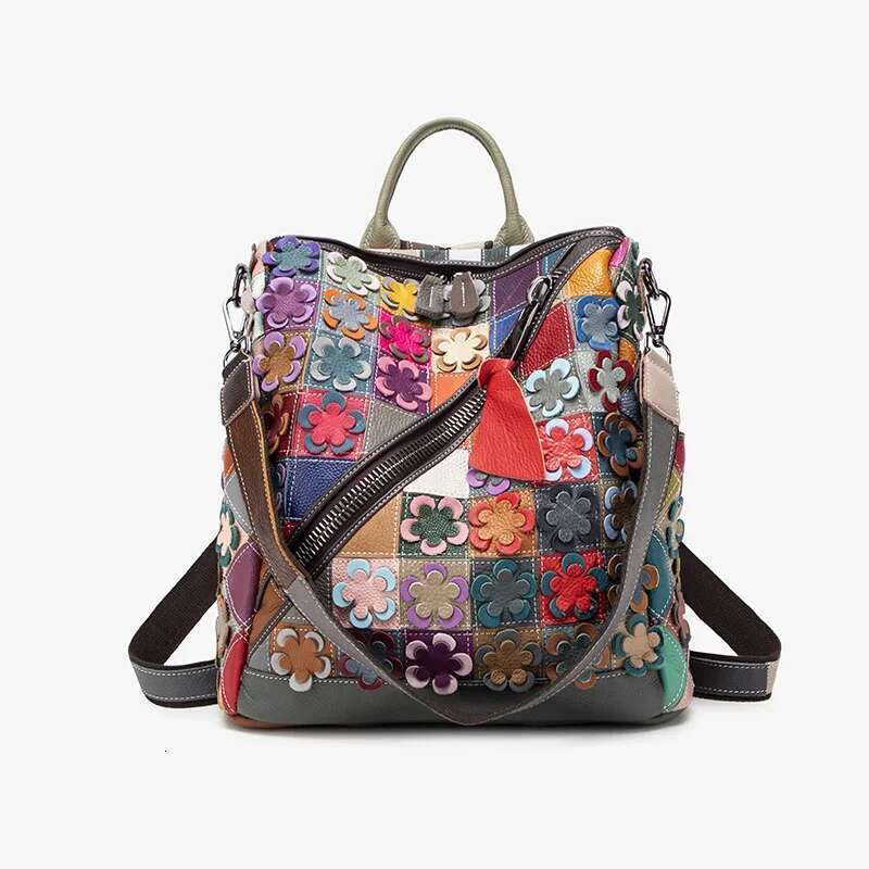 2025 New Spring Genuine Color Splicing Retro Women's Head Layer Leather Travel Backpack