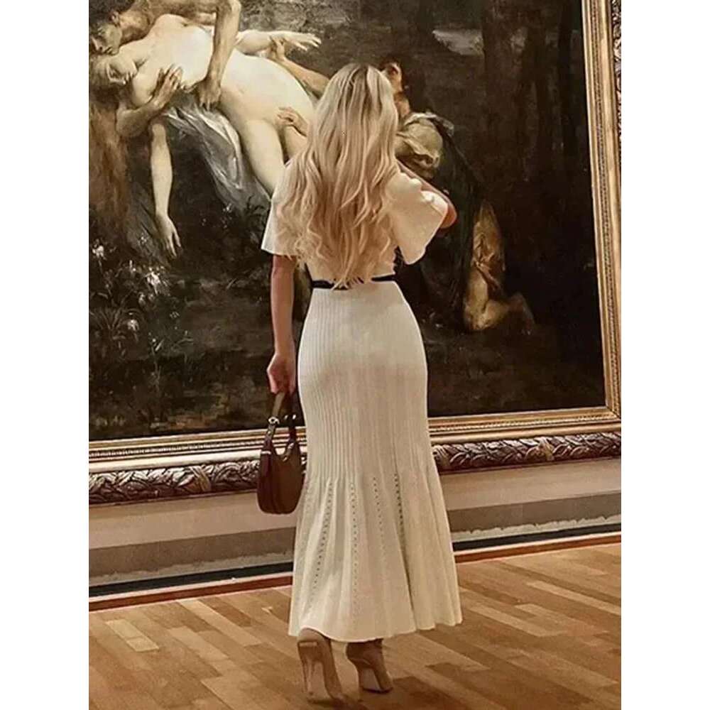 TRAF Women's Knitted Fishtail Long Dress New Round Neck Single-Breasted Cardigan Sexy Slim Dress Elegant Women's Clothing