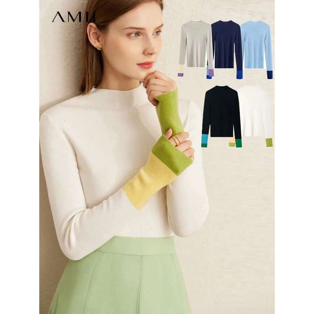 AMII Minimalist 2025 Winter New Sweaters For Women Office Lady Basics Half High Collar Color Contrast Slim Pullovers 12324067