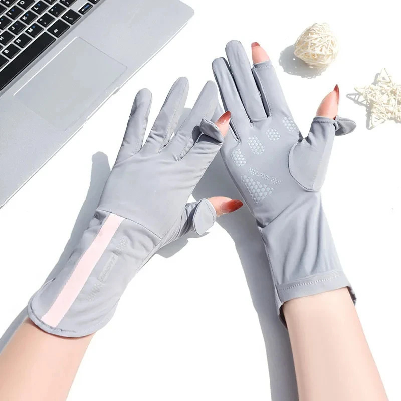 Summer Sunscreen Gloves Womens Thin Ice Silk UV Resistant Ruth Finger Touch Screen Driving Anti slip Breathable UPF 50 250427