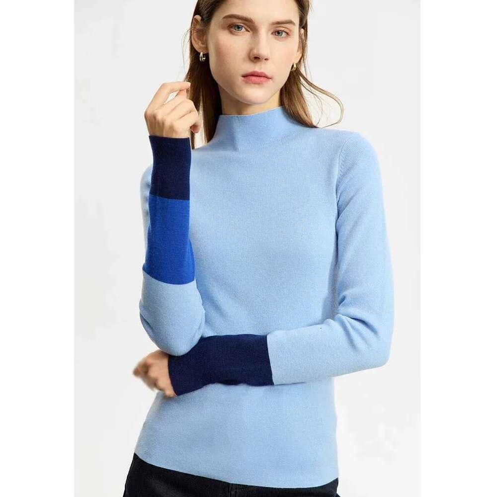 AMII Minimalist 2025 Winter New Sweaters For Women Office Lady Basics Half High Collar Color Contrast Slim Pullovers 12324067