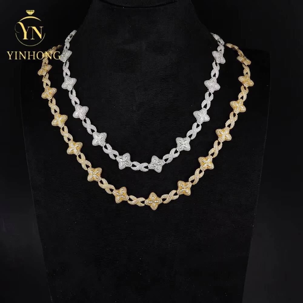 Luxury Color Moissanite Iced Out Moissanite Necklace 925 Silver Colored Four Leaf Clover Vvs Moissanite Cuban Link Chain