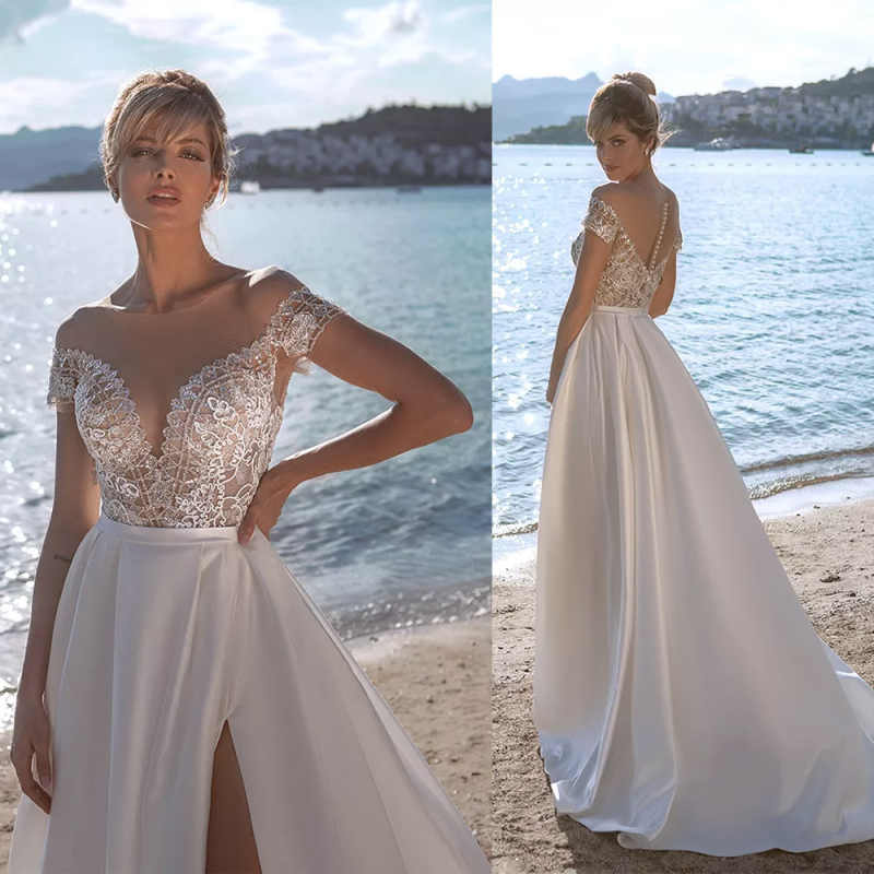 Bohemia Wedding Dress Sheer Neck Lace Appliques A Line Bridal Gowns Customized Beach Side Split Backless Bride Dresses