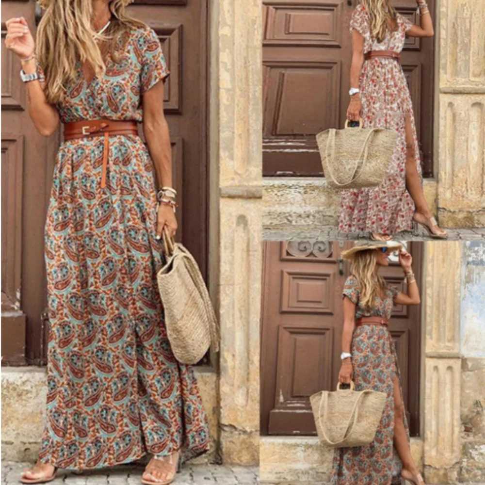 Womens sexy casual elegant holiday dress summer trend V-neck high seam irregular Midi dress retro print slim fit belt W250430