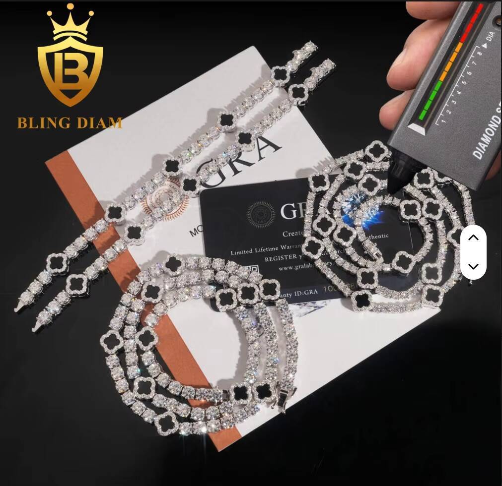 Factory Direct 3mm 5mm Four-leaf Clover 925 Silver Moissanite Diamond Tennis Necklace Design Fashion Tennis Jewelry Men Women
