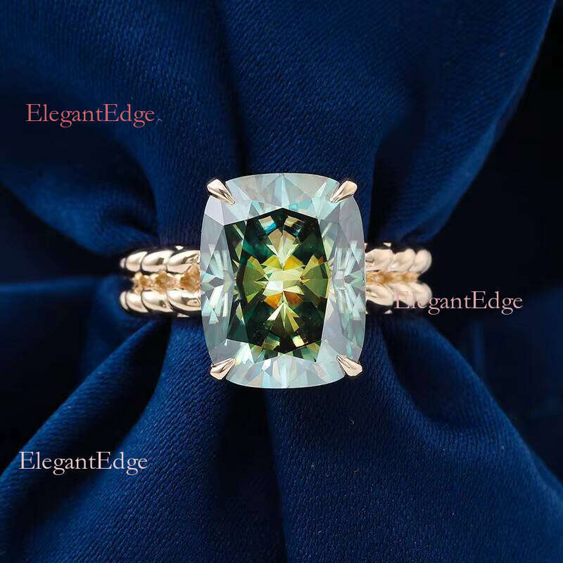 Vintage green cushion cut carbon silica ring, engagement twisted ring