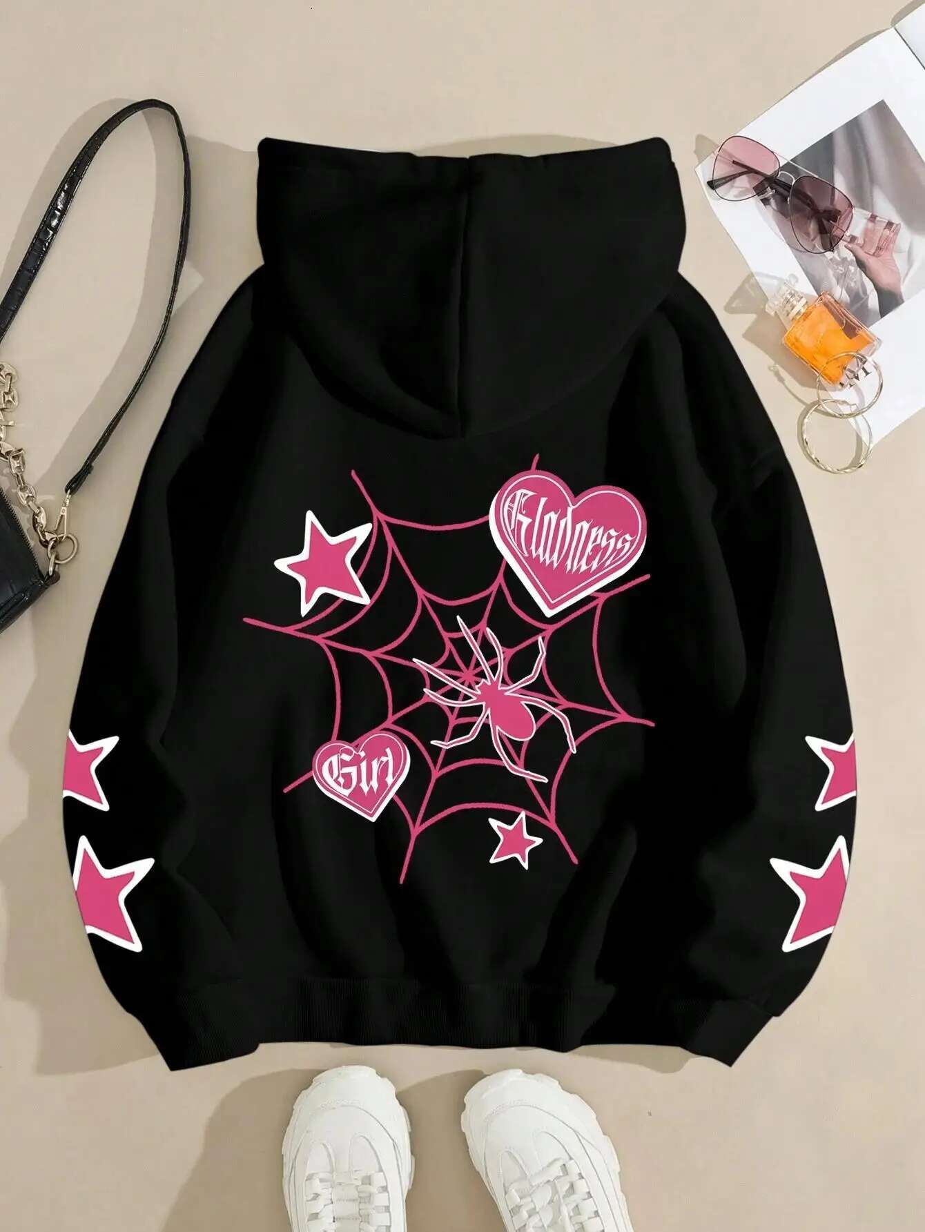 Spider Star Printed Hoodies Street Sporty Women Sweatshirts Comfortable Crewneck Pullover Loose Fleece Female Tops Clothes fashion clothing women