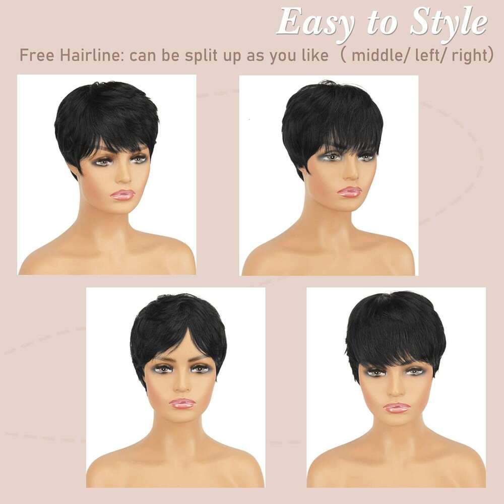 RUWISS Cut Human Hair Pixie with Bangs Natural Wig Layered Wavy Different Style Short Wigs for Black Women (1B#)