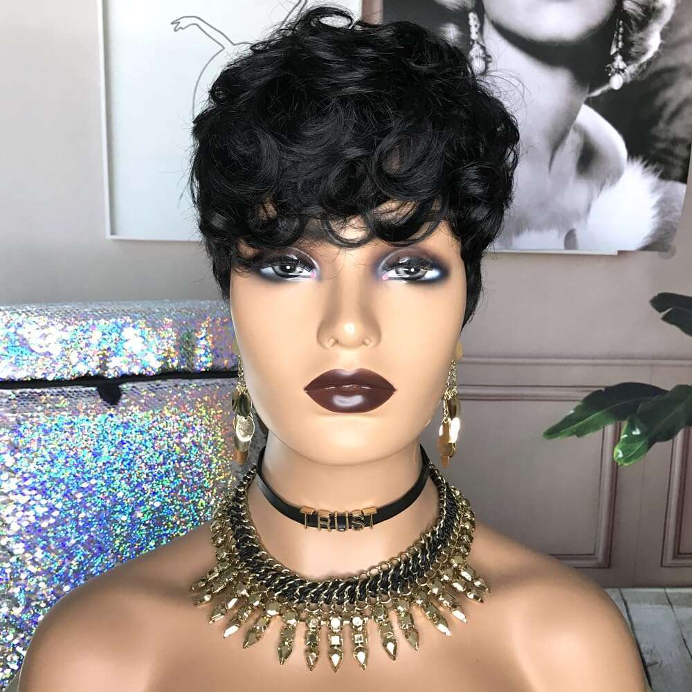 HOTKIS for Black Women Human Hair Pixie Cut Glueless Wig Short Wigs Natural Curly