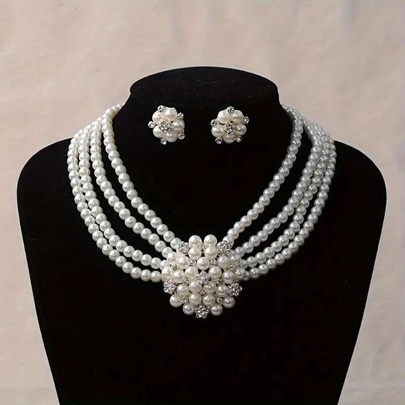 3 Pcs/Set Fashion Women's Set Luxurious Artificial Pearls Wedding Parties Simple Girls Jewelry Necklaces Earrings Gifts