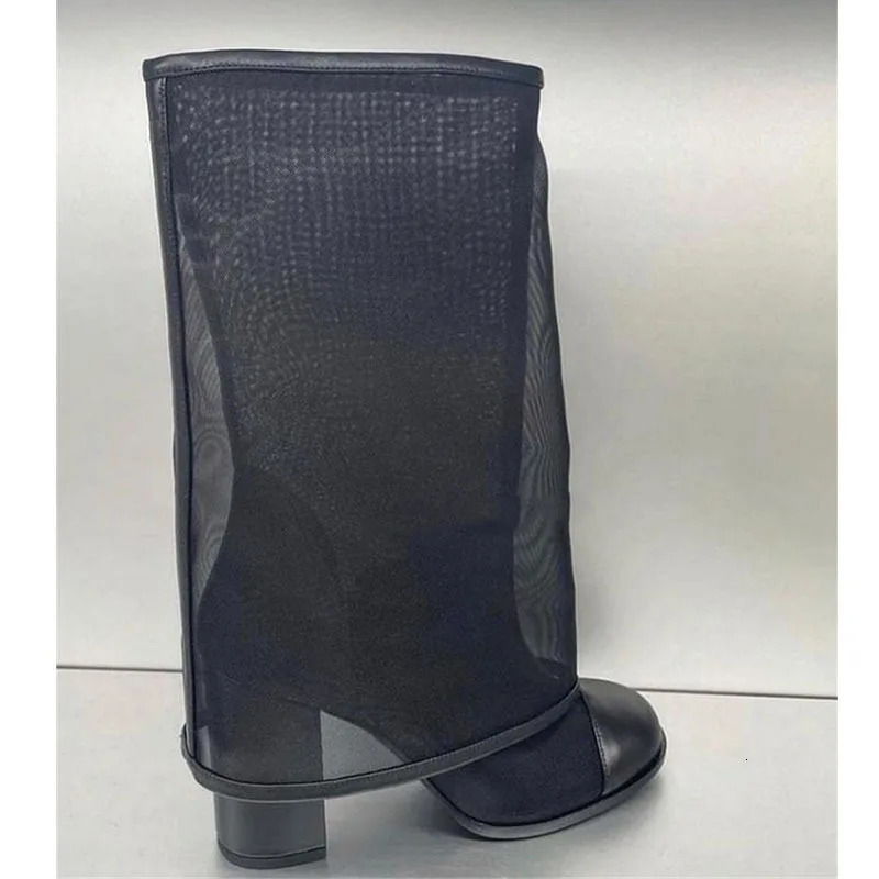 Mesh Round Toe Block Heel Mid-Calf Boots Woman Summer 2025 In Black Slip-On Summer High Heel Boot Female Shoes for Women 250428