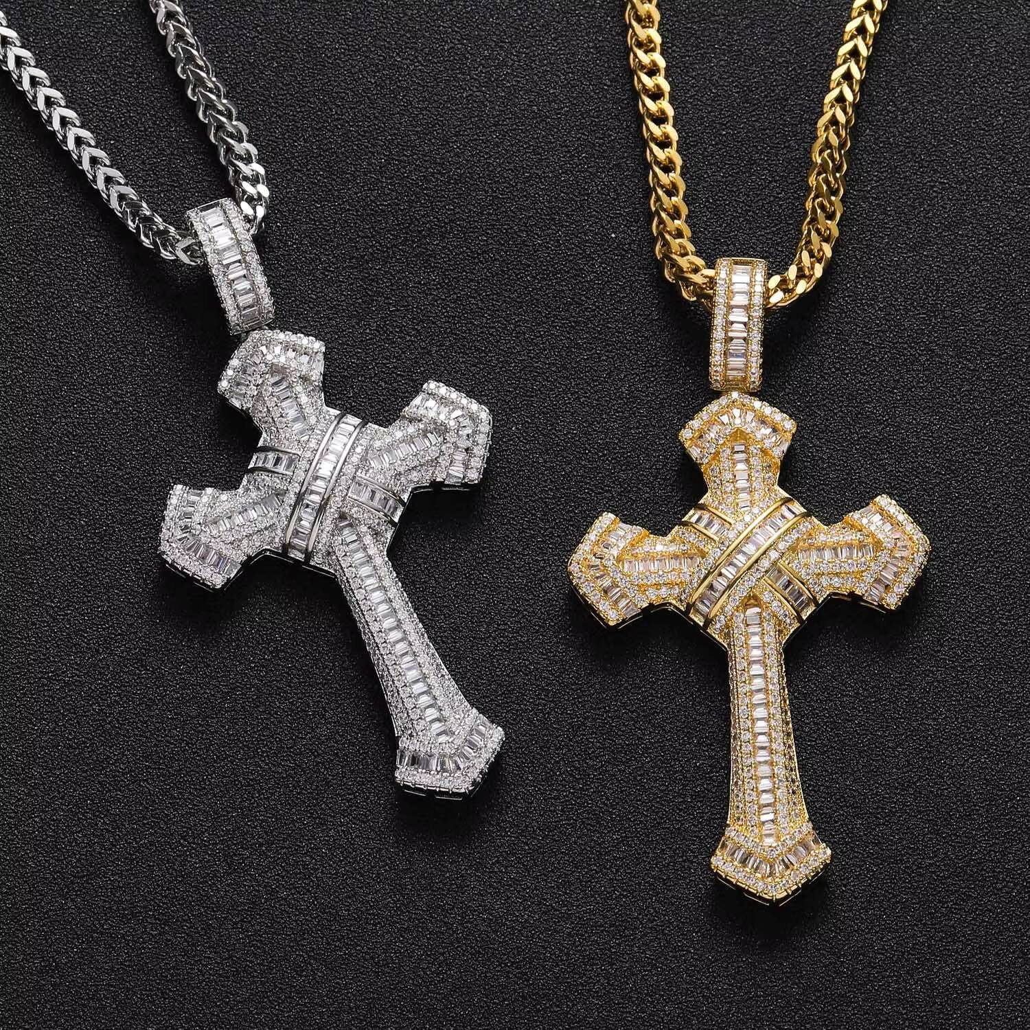 In Stock Retail Price Best Selling Unique Design Iced Out Hip Hop Jewelry 925 Silver Baguette Moissanite Diamond Cross Pendant